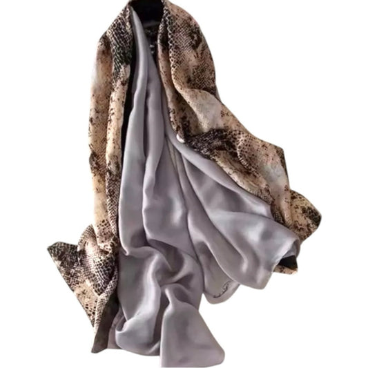 Snake Print & Grey Silky Satin Scarf Shawl Wrap – Oversized Lightweight