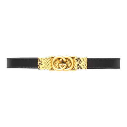 NWT & Box Gucci Black Leather Belt with Python-Wrapped Interlocking G Buckle