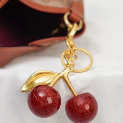 Red Glitter Cherry Bag Charm Keychain | Purse Charm with Gold Hardware