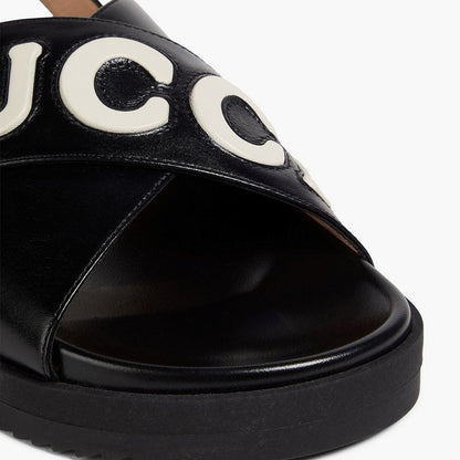 NWT Gucci Black & White Logo Appliqué Leather Slingback Sandals Size 36.5 EU/6.5