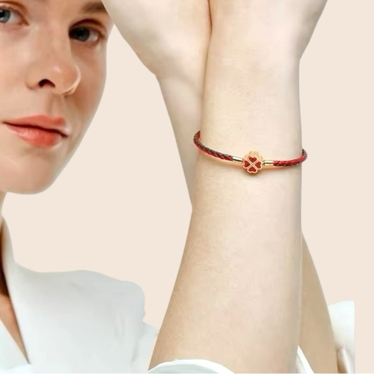 Genuine Woven Leather and Stainless Steel Four Leaf Clover Charm Bracelet