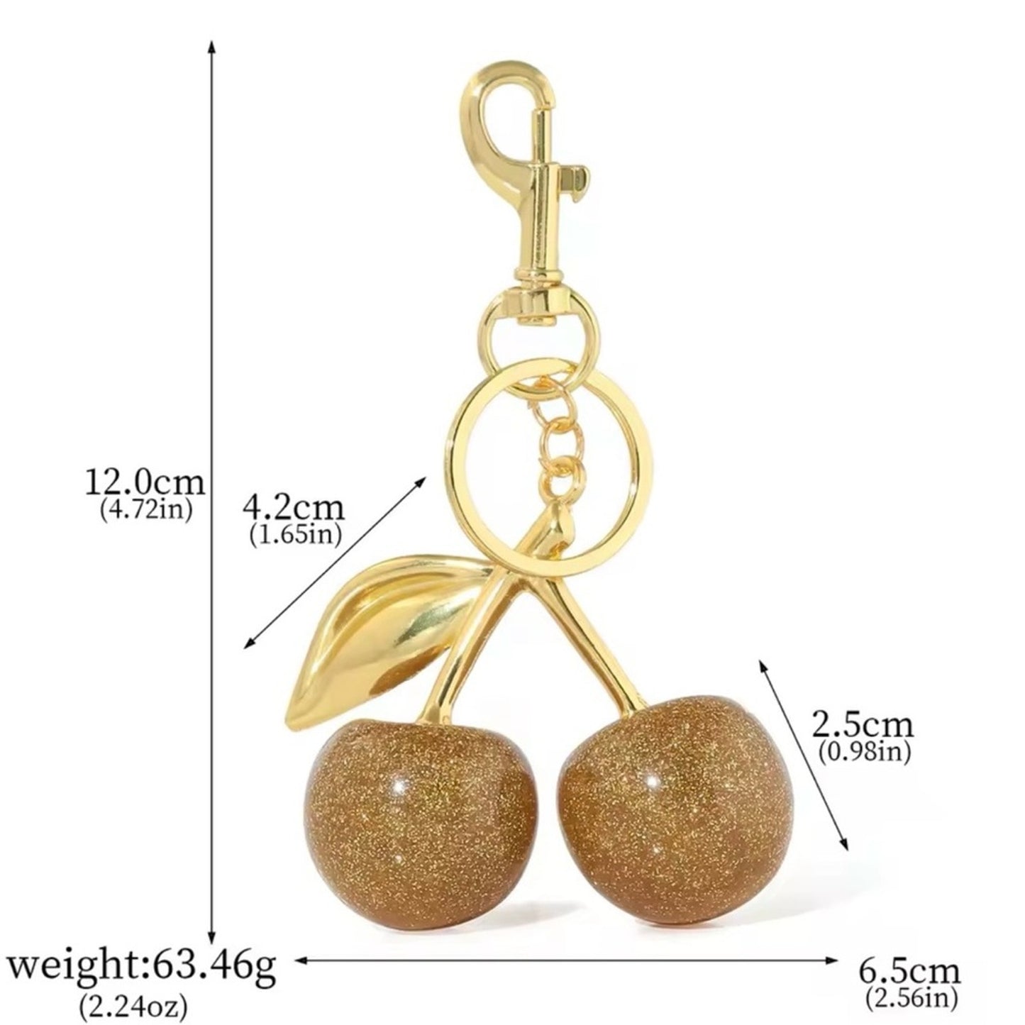 Gold Glitter Cherry Bag Charm Keychain | Sparkly Purse Charm with Gold Hardware