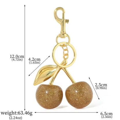 Gold Glitter Cherry Bag Charm Keychain | Sparkly Purse Charm with Gold Hardware