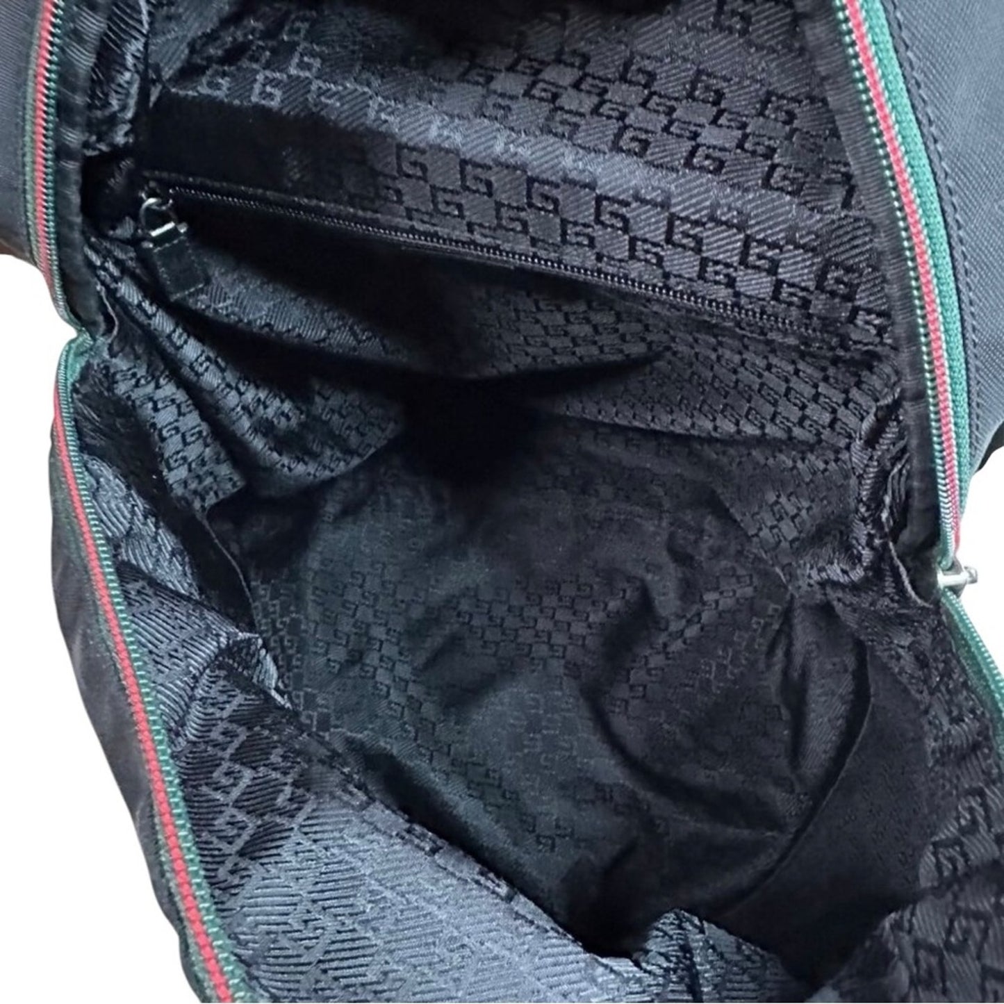 Authentic Gucci Sherry Line Web Nylon Backpack Black Green Red Stripe