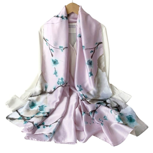 Pink Blossom Silky Satin Scarf Shawl Wrap – Oversized Lightweight