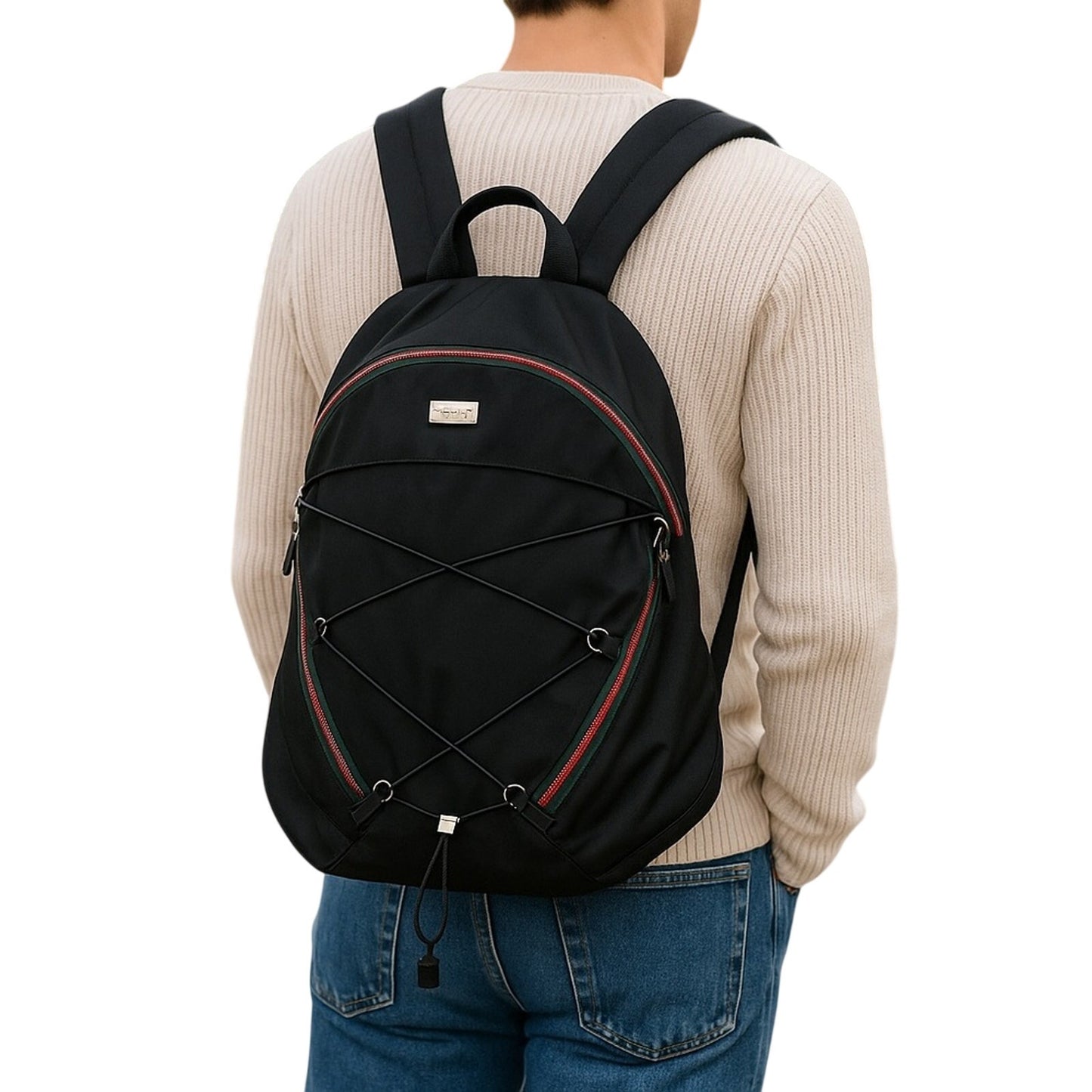 Authentic Gucci Sherry Line Web Nylon Backpack Black Green Red Stripe