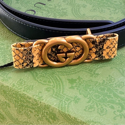 NWT & Box Gucci Black Leather Belt with Python-Wrapped Interlocking G Buckle