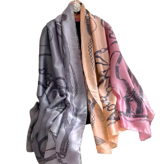 Pink Gray Equestrian Chain Silky Satin Scarf Shawl Wrap – Oversized Lightweight