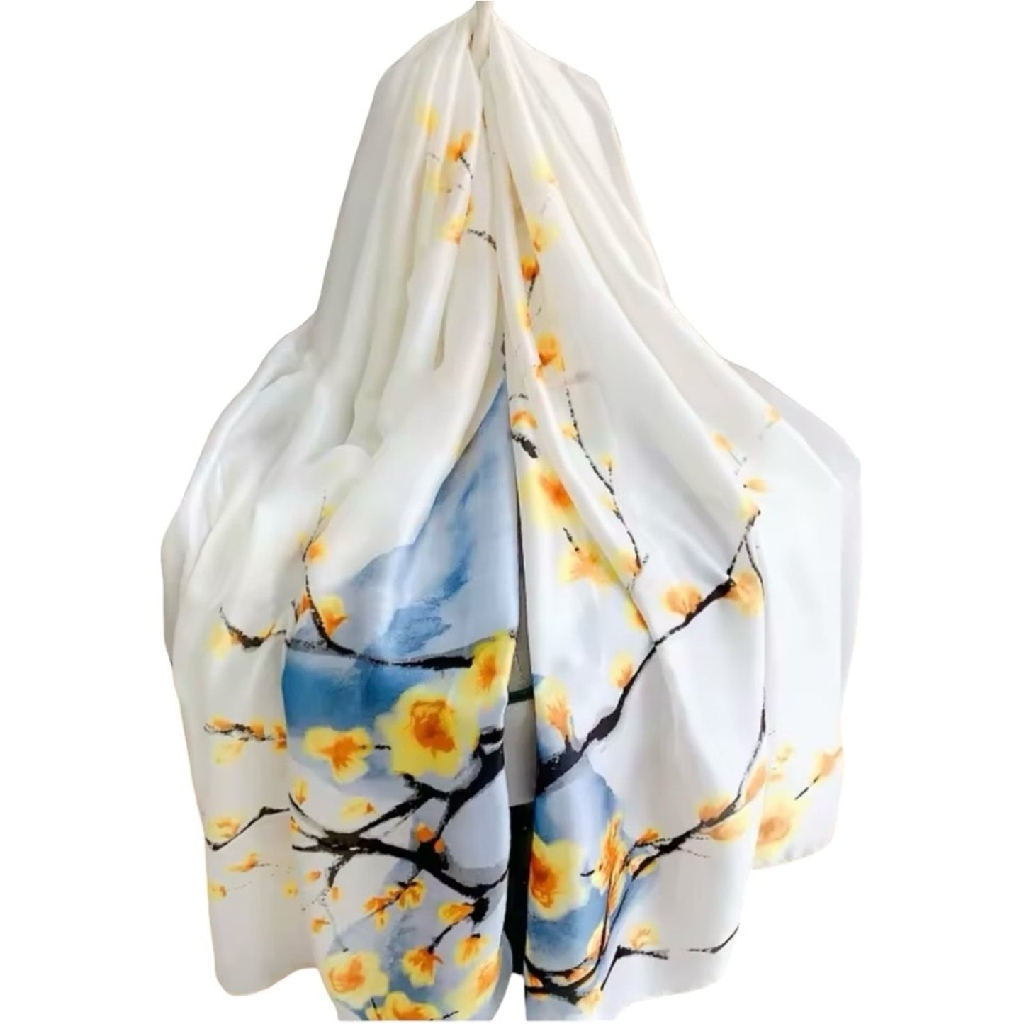 White Yellow Blossom Silky Satin Floral Scarf Shawl Wrap – Oversized Lightweight