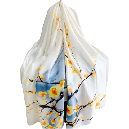 White Yellow Blossom Silky Satin Floral Scarf Shawl Wrap – Oversized Lightweight