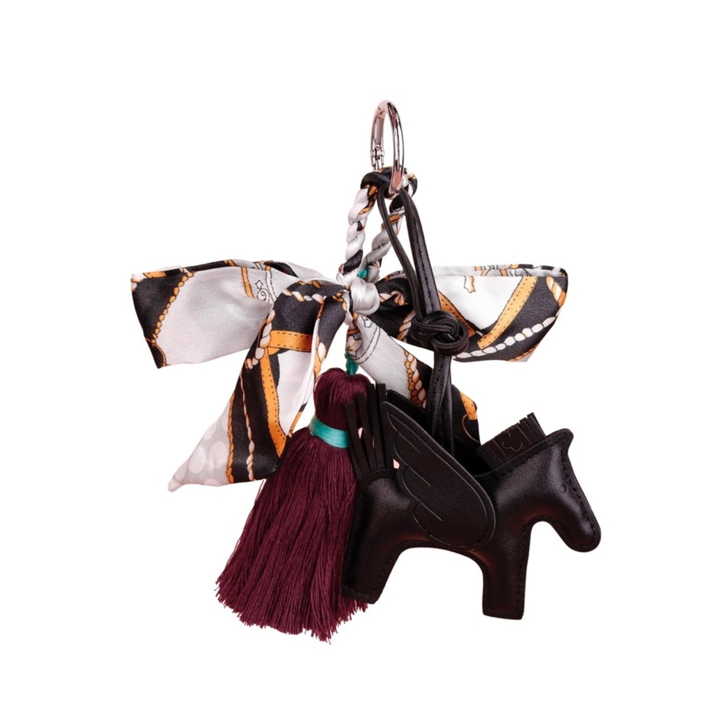 Black & Burgundy Winged Horse Silky Scarf & Tassel Bag Charm Keychain PU Leather