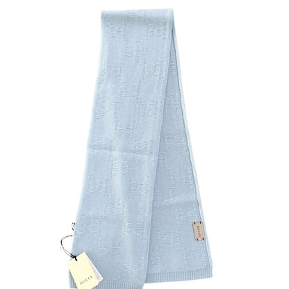 NWT with Box Gucci GG Wool Scarf in Baby Blue – 100% Wool, Made in Italy,