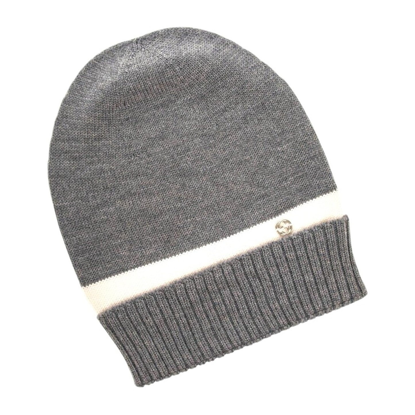 NWT & Box Gucci New Port Web Stripe Knit 100% Wool Beanie Hat Gray & White