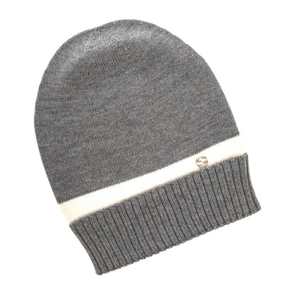 NWT & Box Gucci New Port Web Stripe Knit 100% Wool Beanie Hat Gray & White