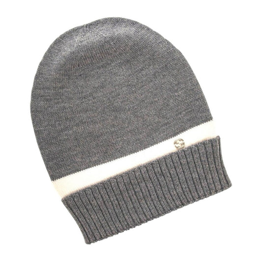 NWT & Box Gucci New Port Web Stripe Knit 100% Wool Beanie Hat Gray & White