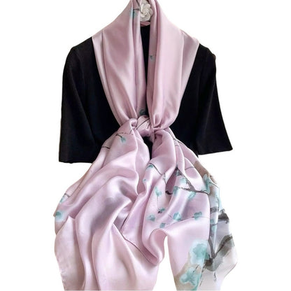 Pink Blossom Silky Satin Scarf Shawl Wrap – Oversized Lightweight