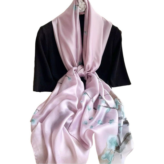 Pink Blossom Silky Satin Scarf Shawl Wrap – Oversized Lightweight