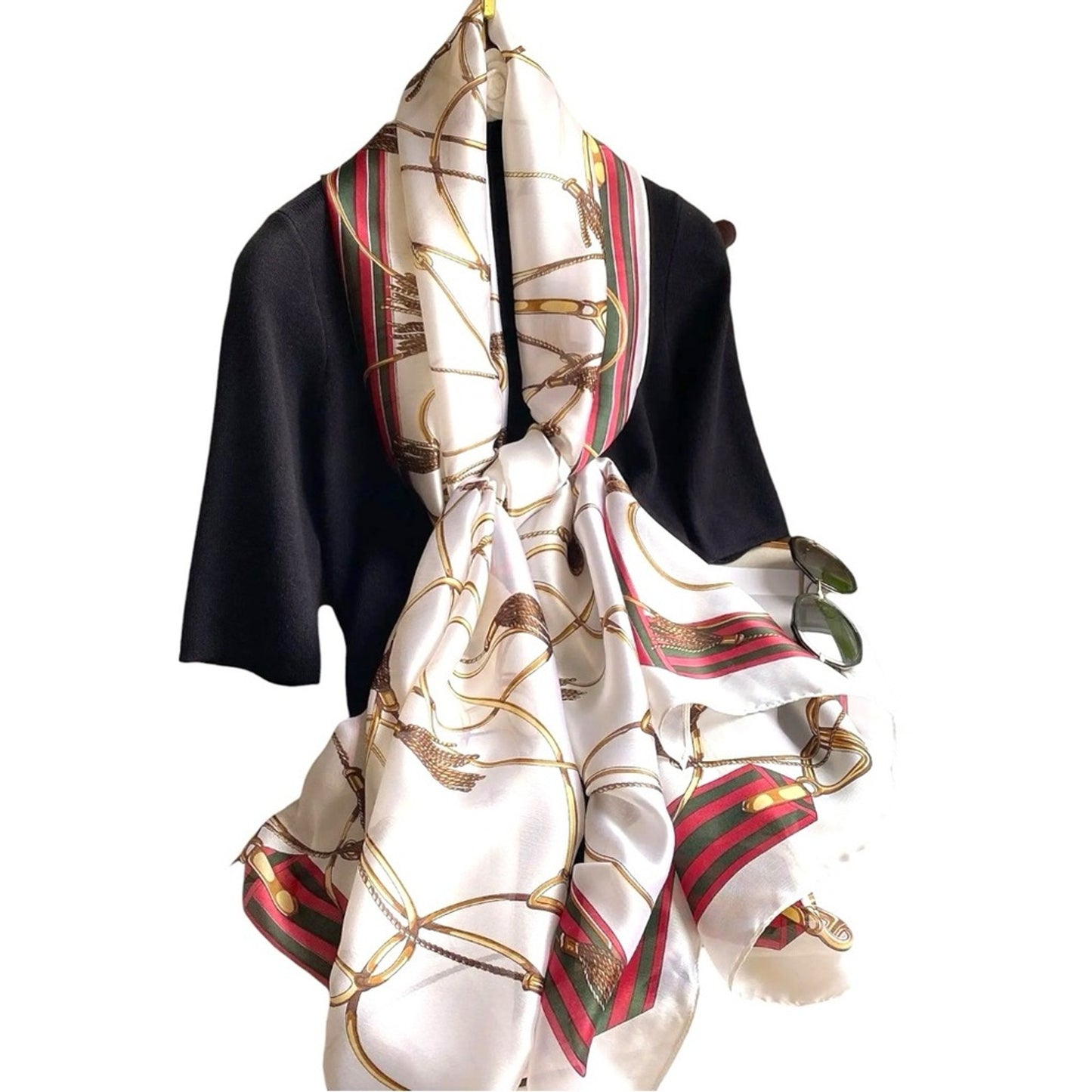 White Gold Equestrian Silky Satin Scarf Shawl Wrap – Oversized Lightweight