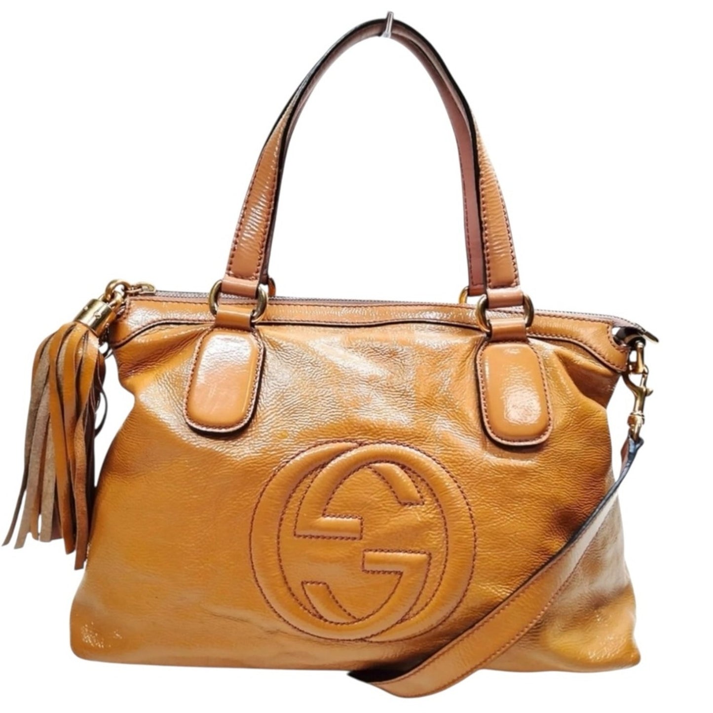 Gucci Soho Brown Patent Leather Satchel Crossbody Bag With Tassel Style 308362