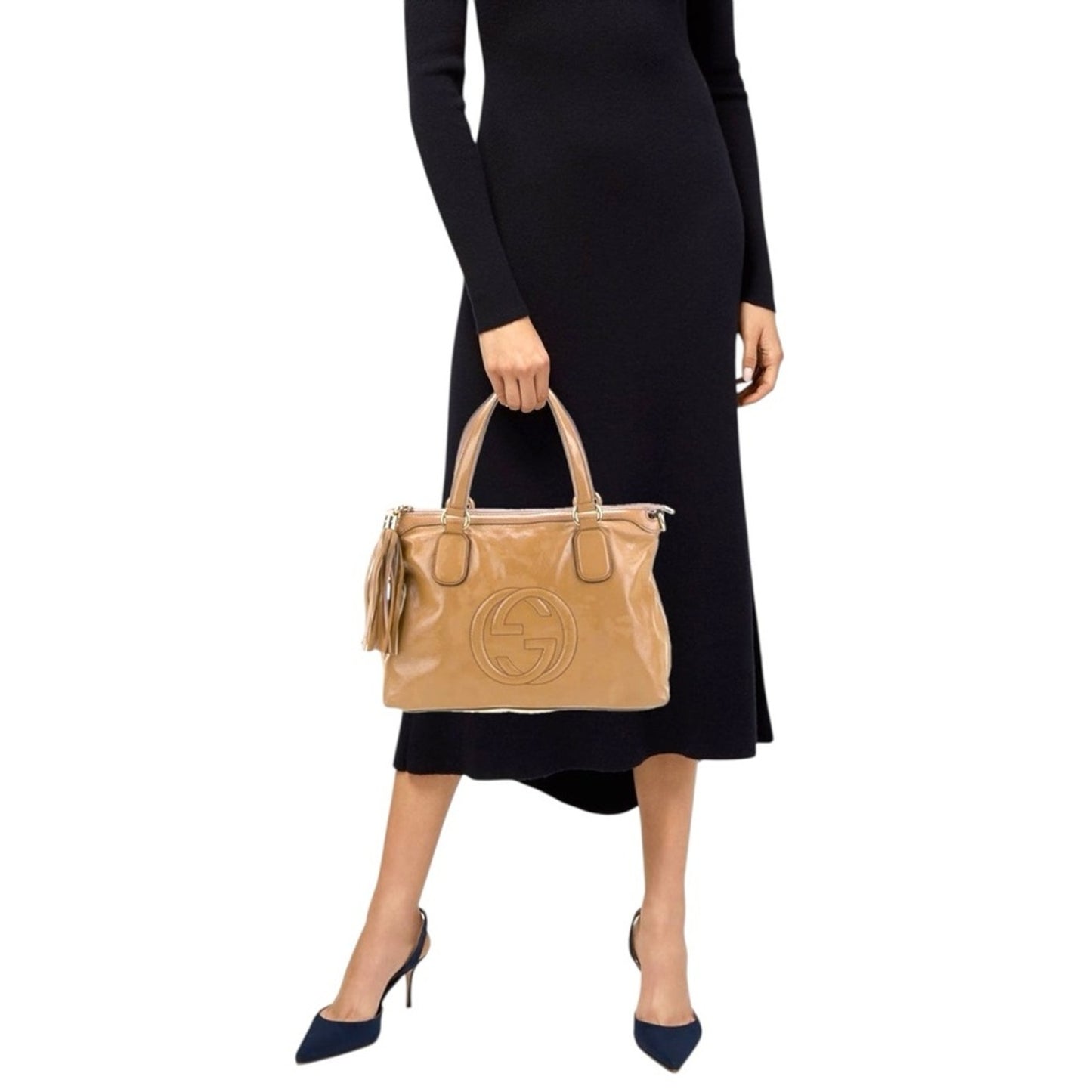 Gucci Soho Brown Patent Leather Satchel Crossbody Bag With Tassel Style 308362