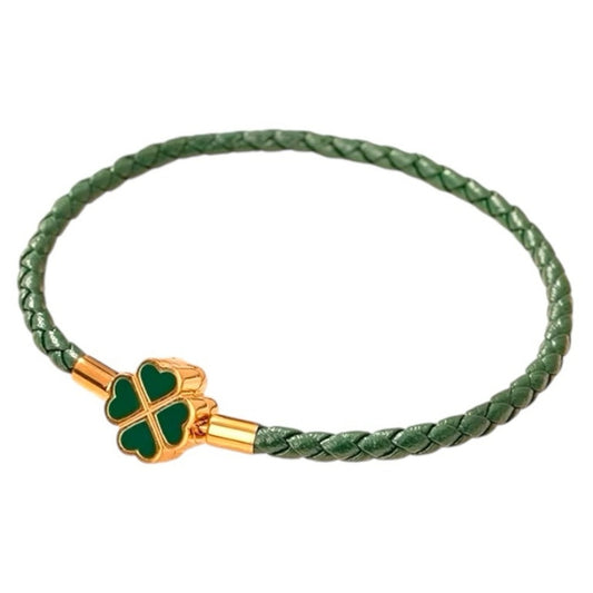 Genuine Woven Leather and Stainless Steel Four Leaf Clover Charm Bracelet