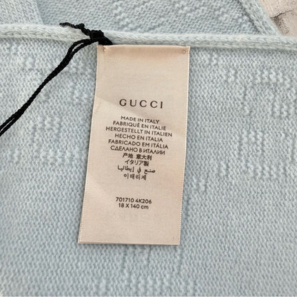 NWT with Box Gucci GG Wool Scarf in Baby Blue – 100% Wool, Made in Italy,