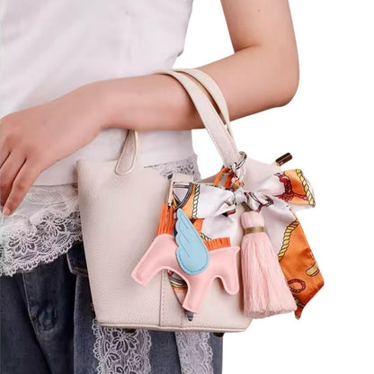 Pink & Orange Winged Horse Silky Scarf & Tassel Bag Charm Keychain– PU Leather