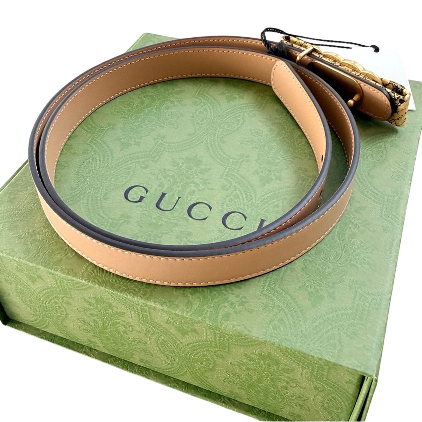 NWT & Box Gucci Beige Leather Belt with Python-Wrapped Interlocking G Buckle