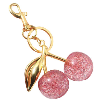 Pink Glitter Cherry Bag Charm Keychain | Sparkly Purse Charm with Gold Hardware