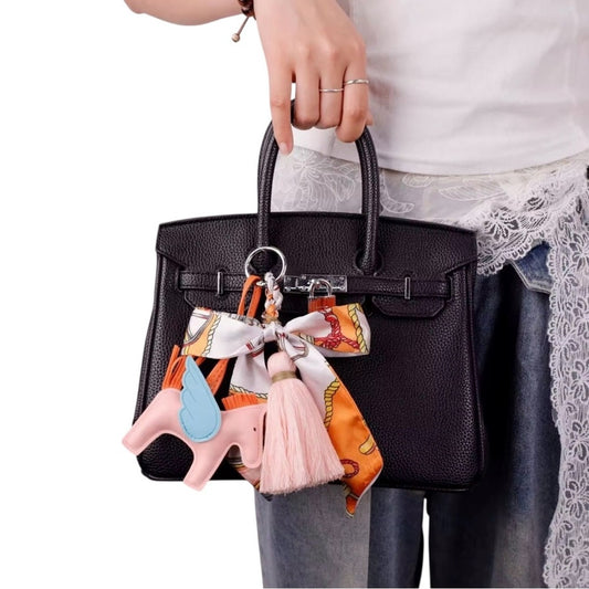 Pink & Orange Winged Horse Silky Scarf & Tassel Bag Charm Keychain– PU Leather
