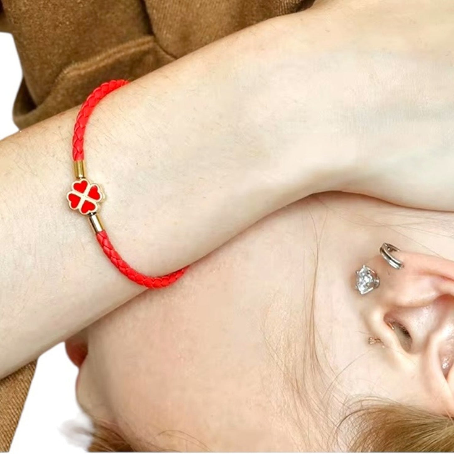 Genuine Woven Leather and Stainless Steel Four Leaf Clover Charm Bracelet