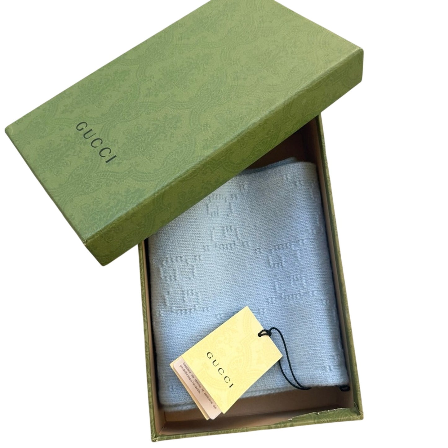 NWT with Box Gucci GG Wool Scarf in Baby Blue – 100% Wool, Made in Italy,