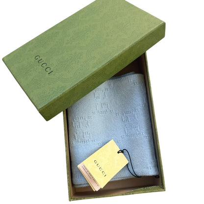 NWT with Box Gucci GG Wool Scarf in Baby Blue – 100% Wool, Made in Italy,