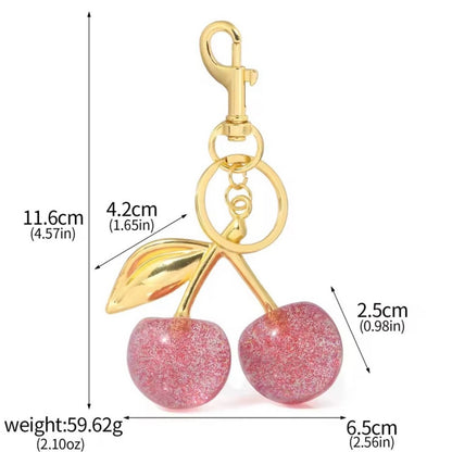 Pink Glitter Cherry Bag Charm Keychain | Sparkly Purse Charm with Gold Hardware