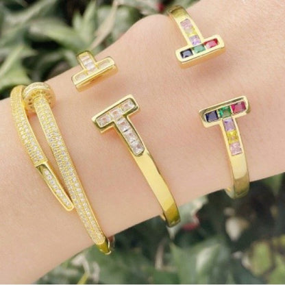 18k Gold Plated Stainless Steel Nail AAA CZ Bangle Bracelet