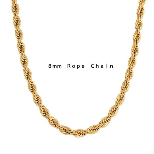 8mm Timeless 18k Gold-Plated Rope Chain Necklace – Stainless Steel, Tarnish Free