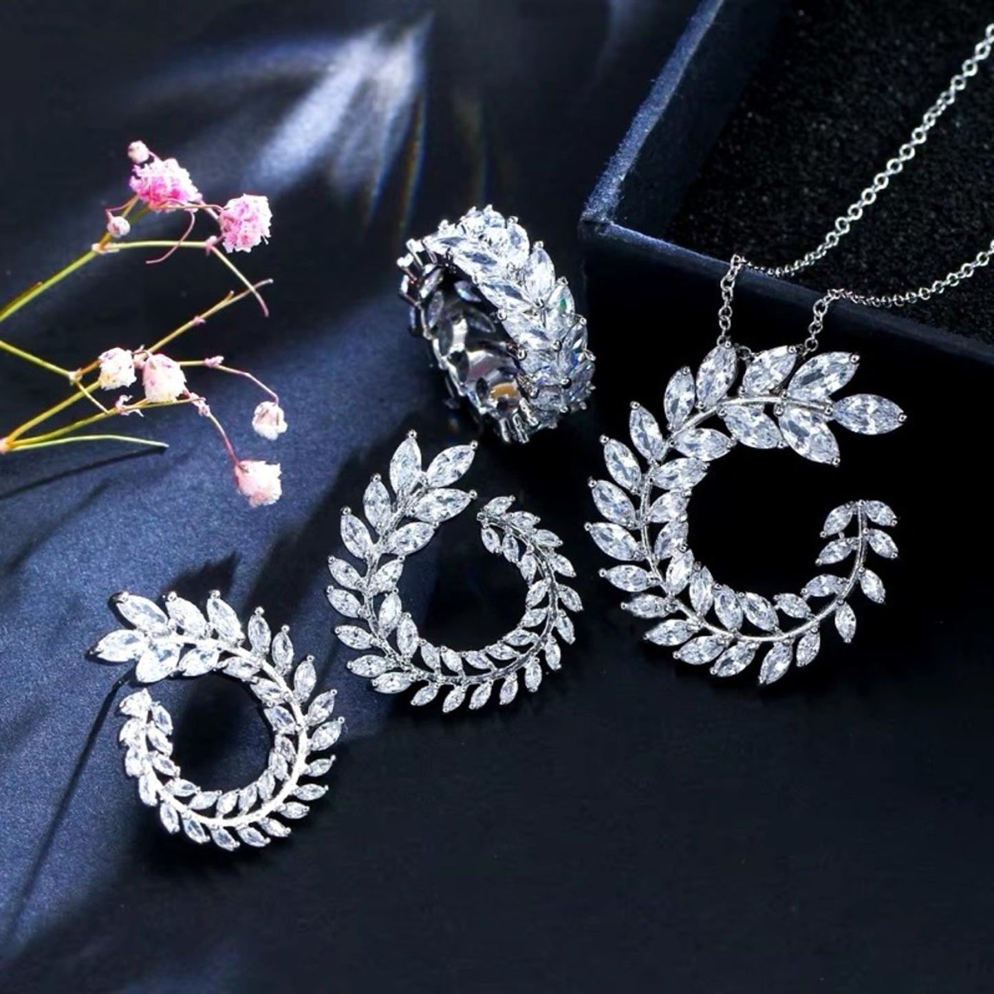 4 Pcs Set 925 Sterling Silver Cubic Zirconia Necklace, Earrings, Bracelet, Ring