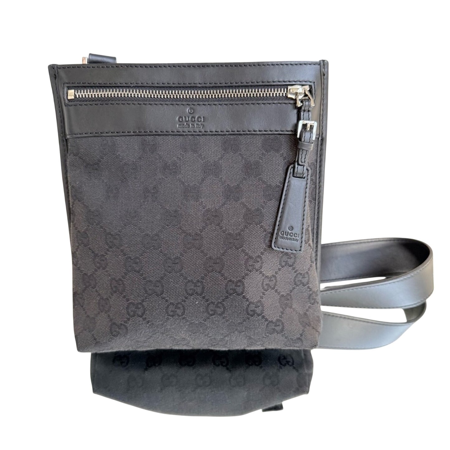 Gucci Black GG Canvas Crossbody Bag Unisex Italian Classic Silver Hardware