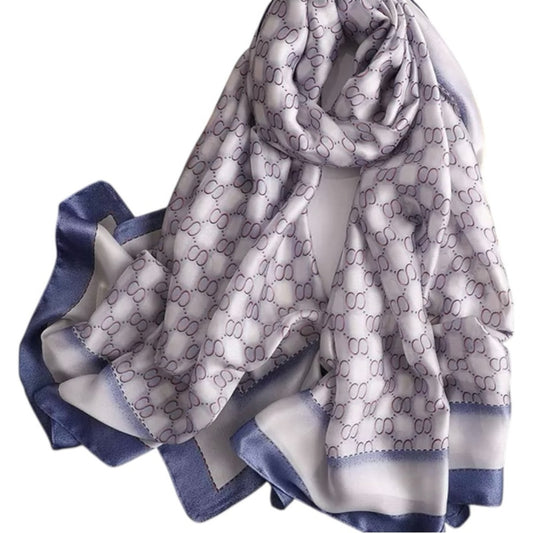 Blue White Silky Satin Scarf Shawl Wrap – Oversized Lightweight Geometric Print