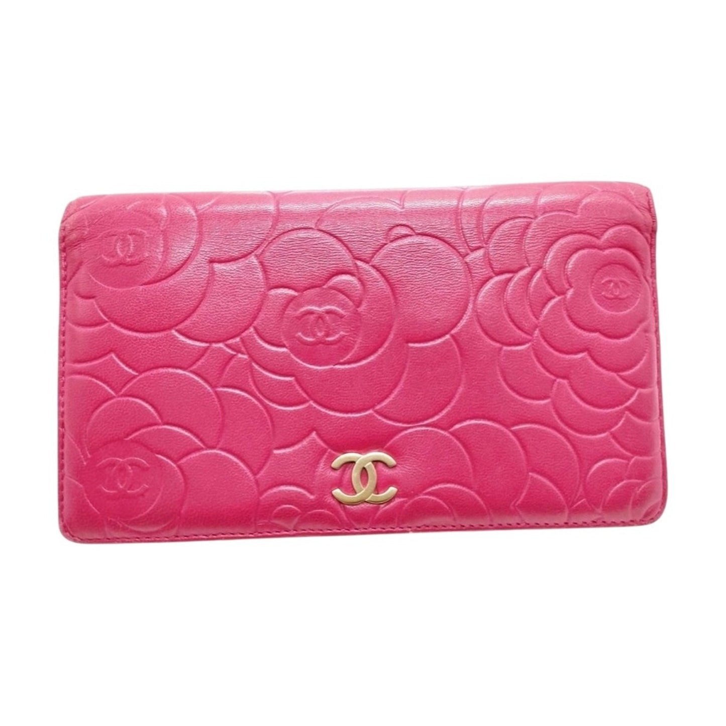 CHANEL Pink Camellia Embossed Long Bifold Leather Wallet