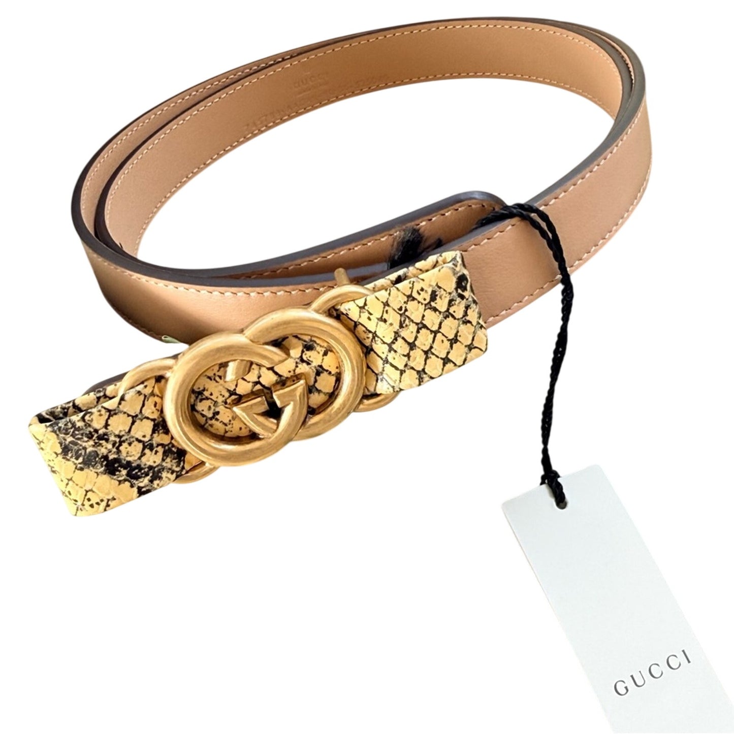 NWT & Box Gucci Beige Leather Belt with Python-Wrapped Interlocking G Buckle