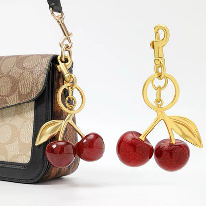 Red Glitter Cherry Bag Charm Keychain | Purse Charm with Gold Hardware