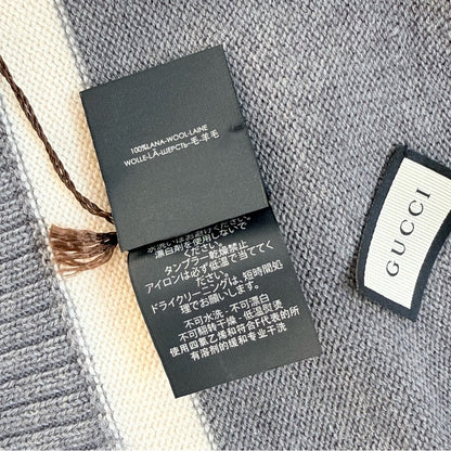 NWT & Box Gucci New Port Web Stripe Knit 100% Wool Beanie Hat Gray & White