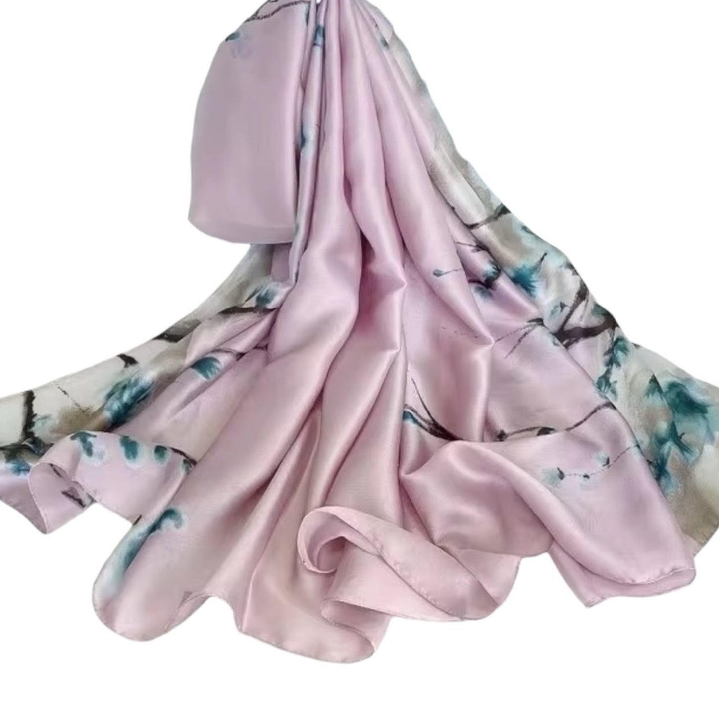 Pink Blossom Silky Satin Scarf Shawl Wrap – Oversized Lightweight