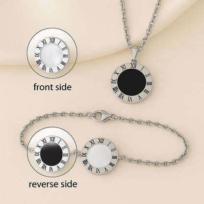 3 Pc Roman Numeral Reversible Stainless – Necklace, Bracelet & Earrings Set