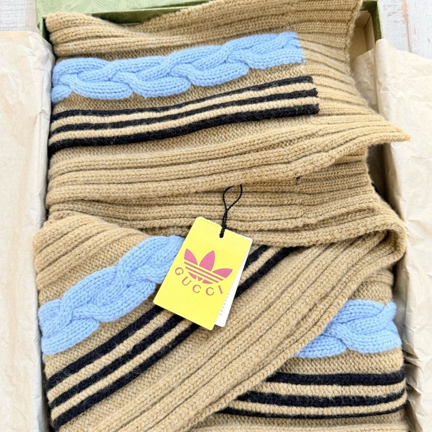 NWT Unisex Adidas x Gucci 100% Wool Cable Knit Extra Long Scarf | Made in Italy