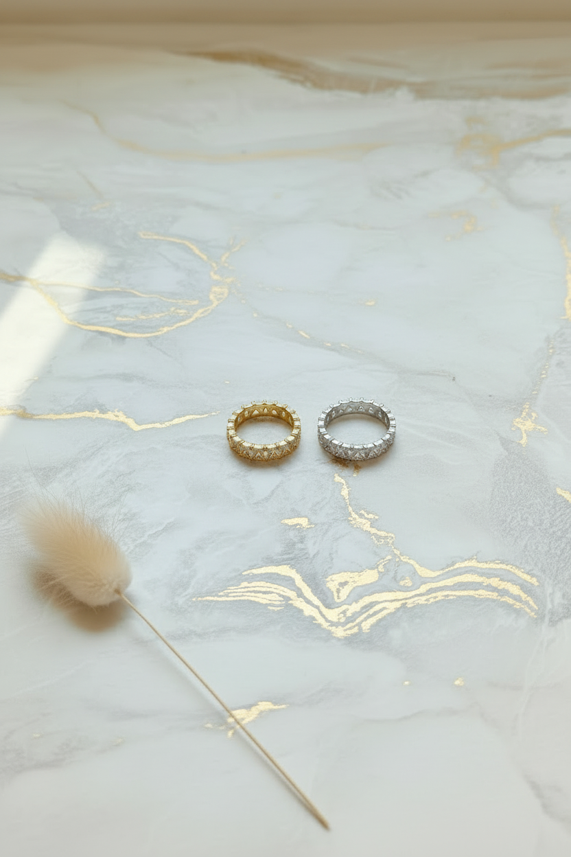 Gold & Silver Triangle Zircon Rings — Duo Portrait