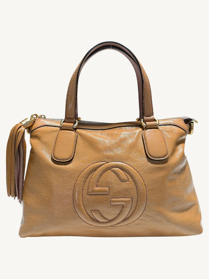 Gucci Soho camel tan satchel: Front view without shoulder strap