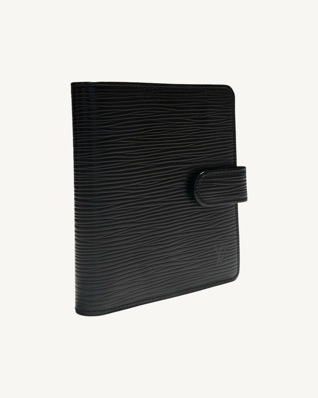 Angled front view of Louis Vuitton black Epi leather wallet showing textured leather and snap-tab closure