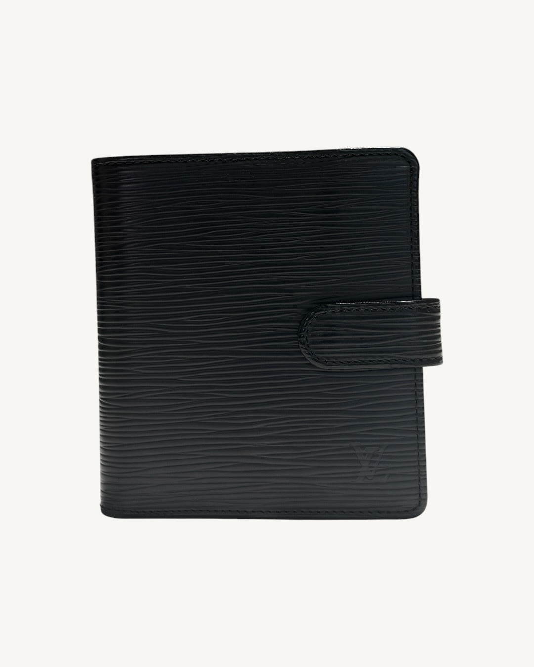 Front of Louis Vuitton black Epi leather compact bifold wallet with leather snap tab and embossed LV logo